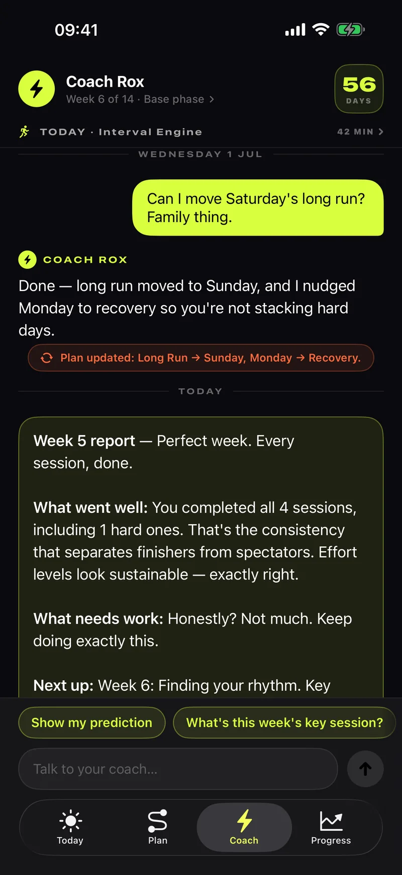 Coach Rox chat: the coach explains today's session and adapts the plan