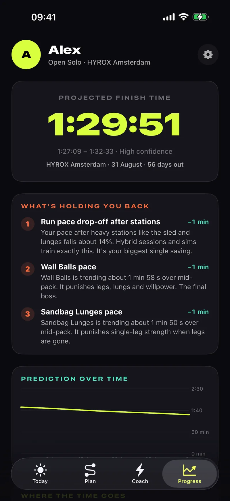 Progress screen: predicted finish time with plain-English limiters and station breakdown