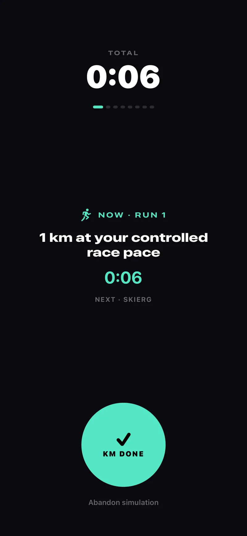 Race simulation mode with live splits and running clock
